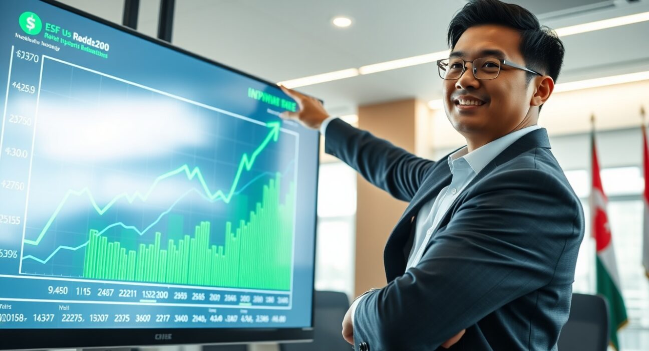 Financial analyst in Jakarta pointing at rising rupiah exchange rate chart on digital screen