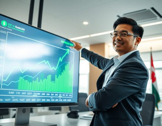 Financial analyst in Jakarta pointing at rising rupiah exchange rate chart on digital screen