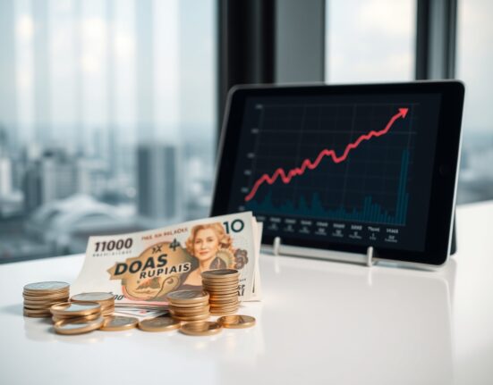 Indonesian rupiah banknotes and coins on a desk with a financial chart on a tablet.