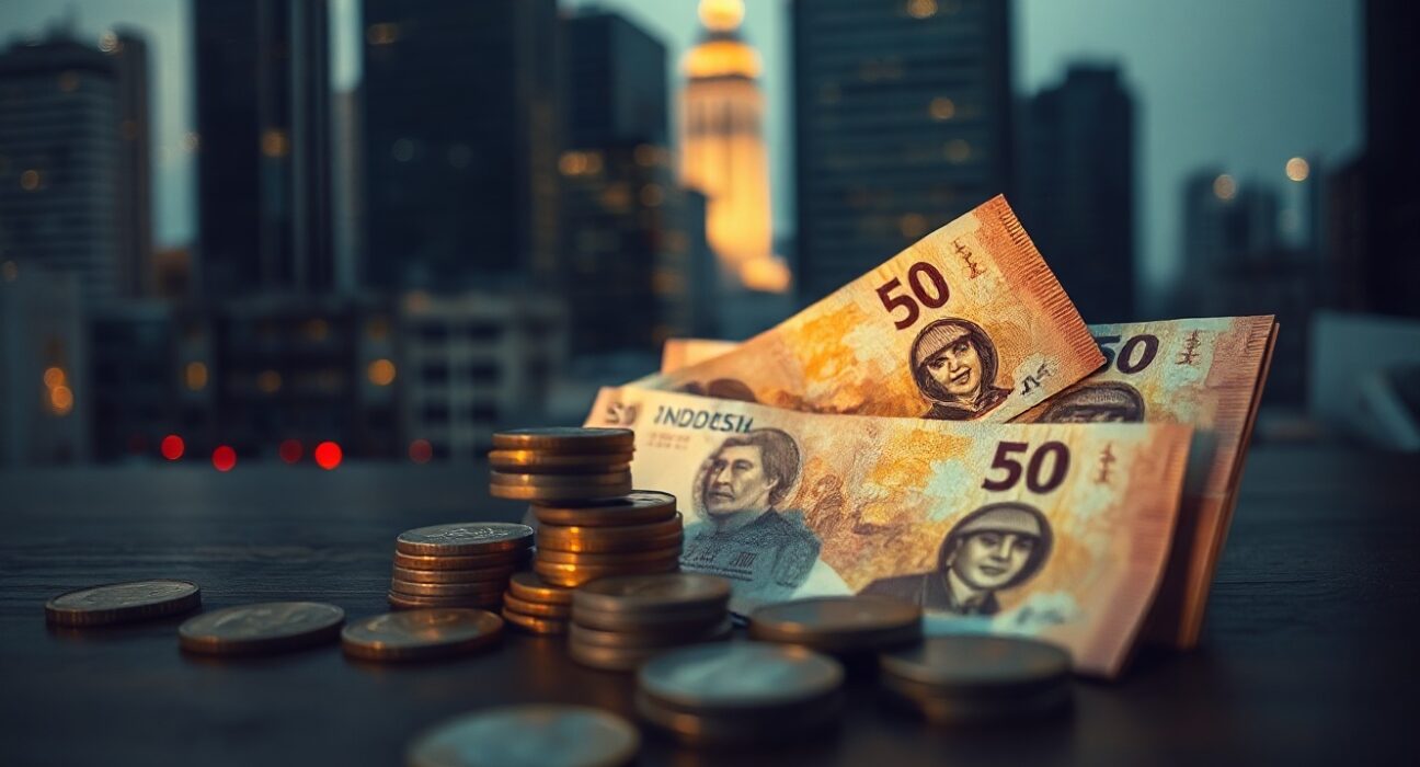 Indonesian rupiah banknotes and coins on a surface with Jakarta skyline in background, symbolizing currency depreciation and economic strain.