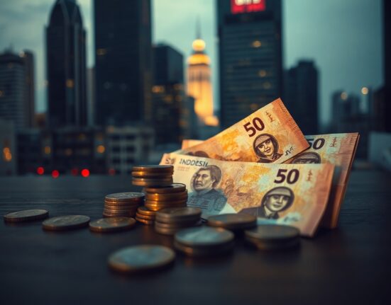 Indonesian rupiah banknotes and coins on a surface with Jakarta skyline in background, symbolizing currency depreciation and economic strain.