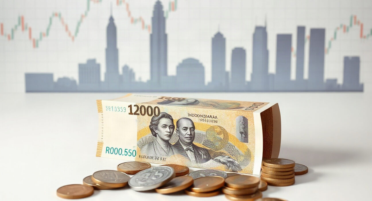 Indonesian rupiah banknotes and coins arranged on a surface with financial charts in the background