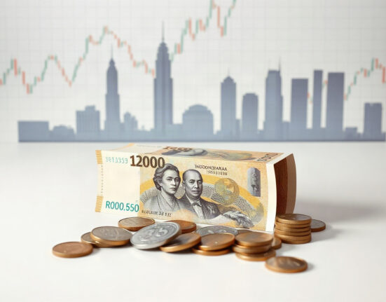 Indonesian rupiah banknotes and coins arranged on a surface with financial charts in the background