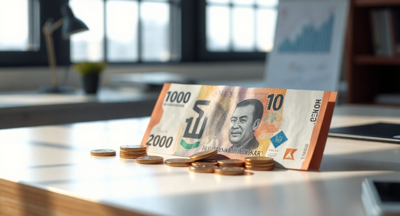 Indonesian rupiah banknotes and coins on a desk, symbolizing currency stability amid manufacturing growth.