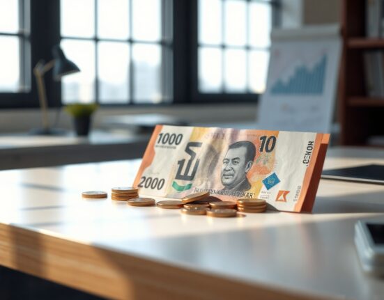 Indonesian rupiah banknotes and coins on a desk, symbolizing currency stability amid manufacturing growth.