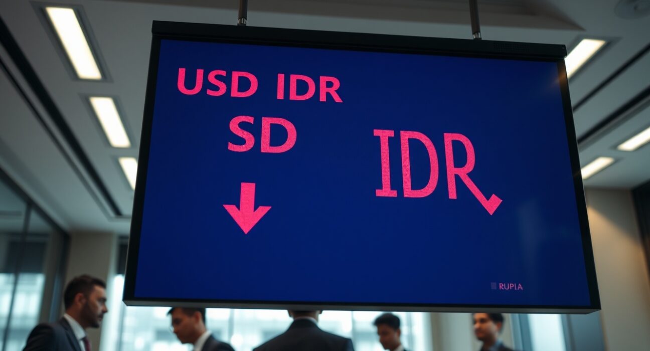 Digital currency exchange board showing USD/IDR rate with red arrows indicating Rupiah losses in a Jakarta financial district office.