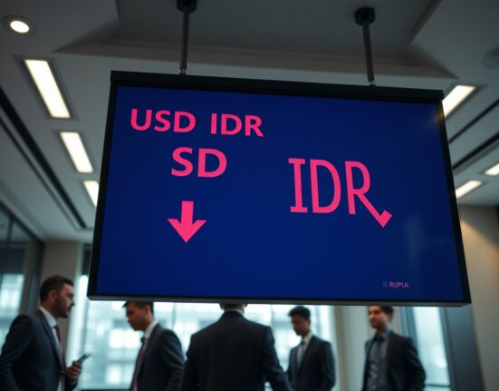 Digital currency exchange board showing USD/IDR rate with red arrows indicating Rupiah losses in a Jakarta financial district office.