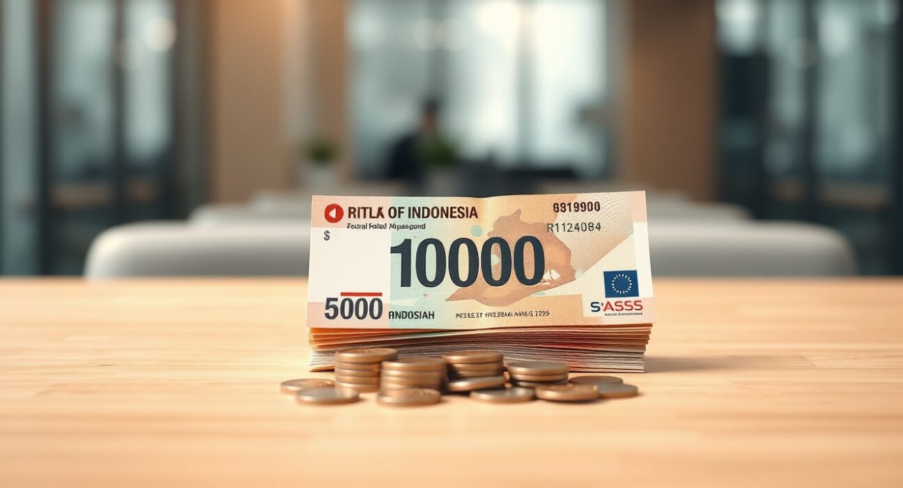 Indonesian rupiah banknotes and coins arranged on a wooden surface representing currency and inflation data.