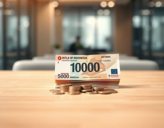 Indonesian rupiah banknotes and coins arranged on a wooden surface representing currency and inflation data.