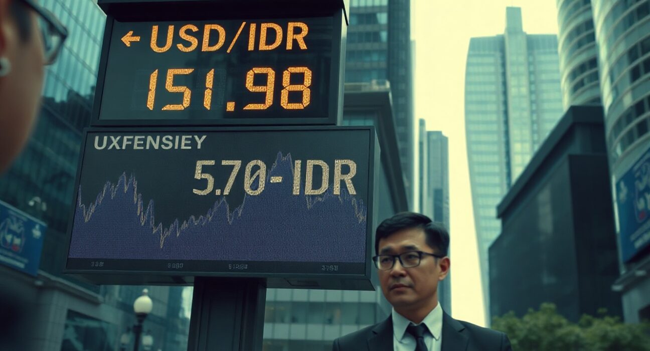 Currency exchange board in Jakarta showing fluctuating USD/IDR rate with financial district skyline