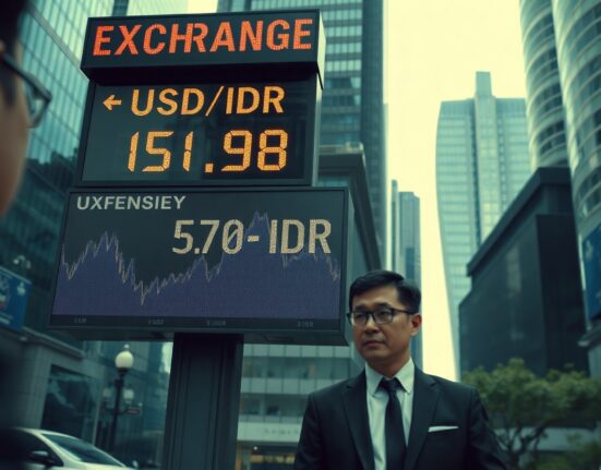 Currency exchange board in Jakarta showing fluctuating USD/IDR rate with financial district skyline