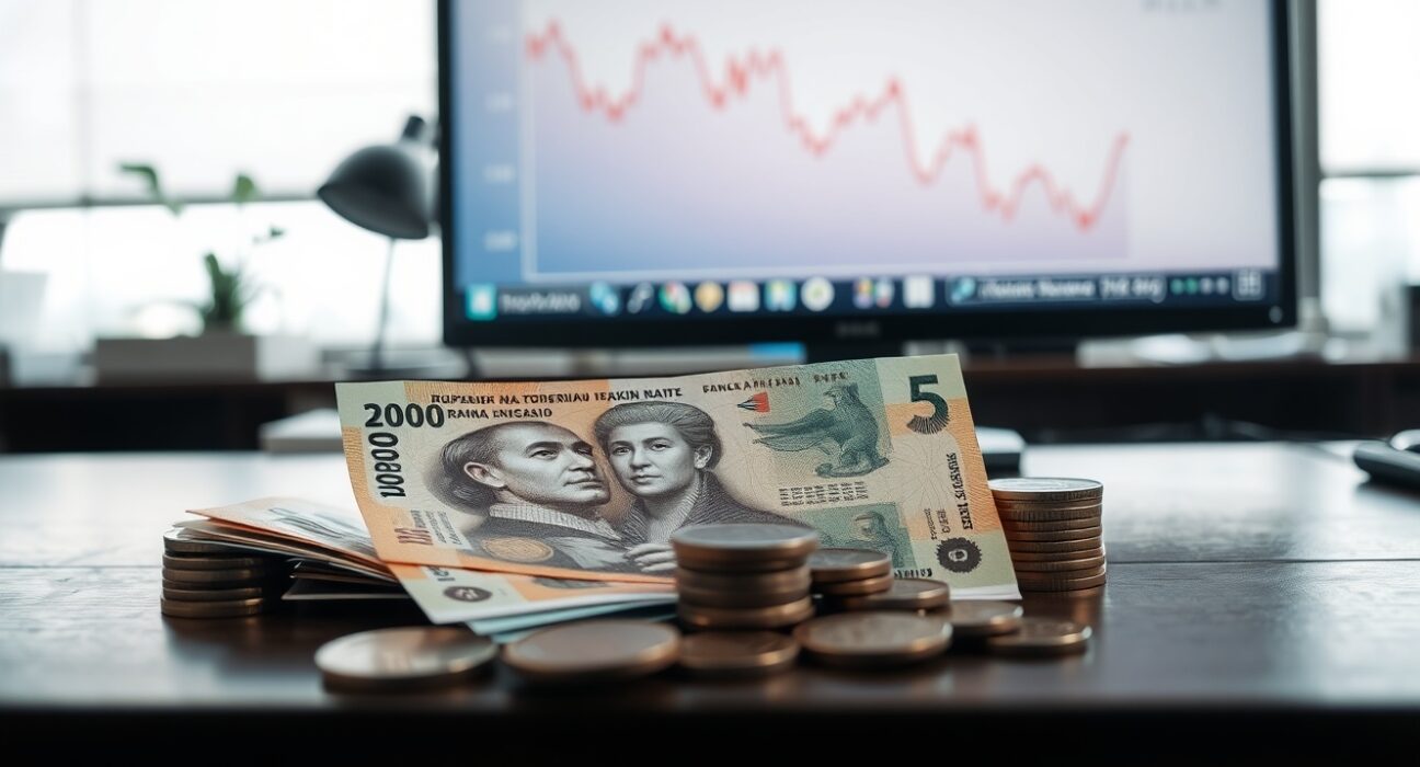 Indonesian rupiah banknotes and coins with a declining exchange rate chart on a monitor in a financial office