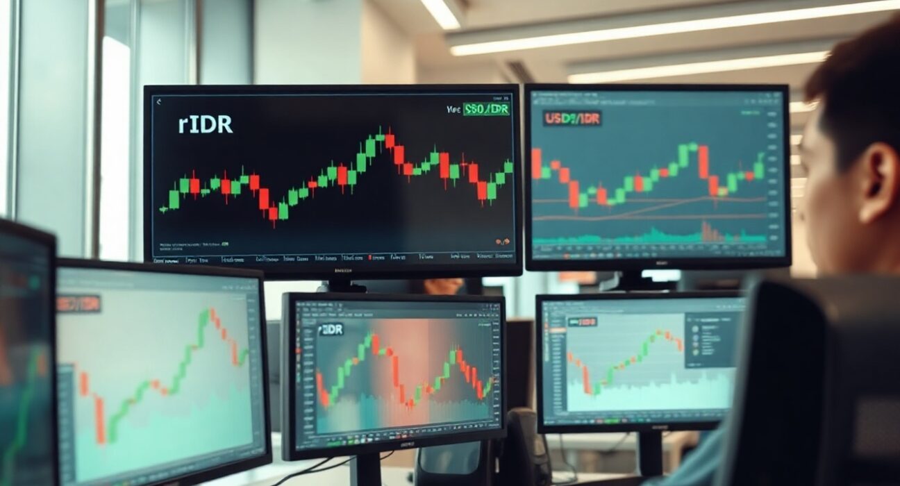 Trader monitoring Indonesian rupiah exchange rate on multiple screens in a Jakarta financial district office