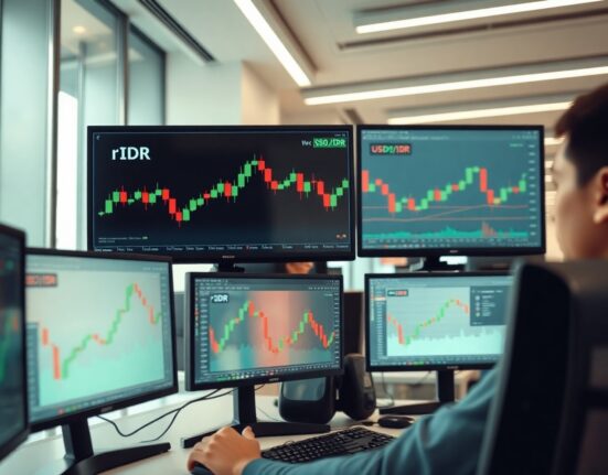 Trader monitoring Indonesian rupiah exchange rate on multiple screens in a Jakarta financial district office