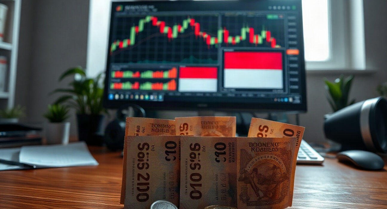 Indonesian rupiah banknotes and coins with financial charts in background