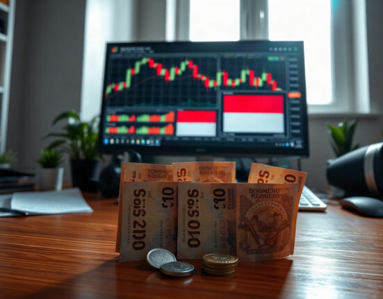 Indonesian rupiah banknotes and coins with financial charts in background