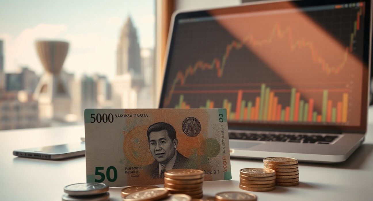 Indonesian rupiah banknotes and coins on a desk with a financial chart on a laptop, representing currency analysis.