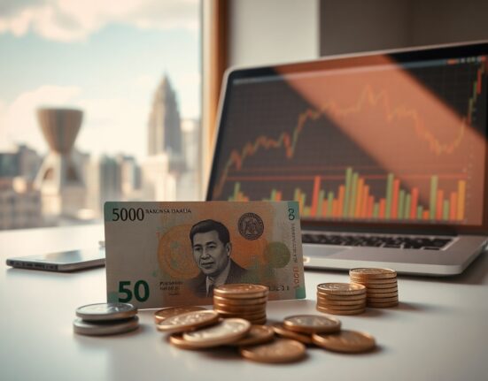 Indonesian rupiah banknotes and coins on a desk with a financial chart on a laptop, representing currency analysis.
