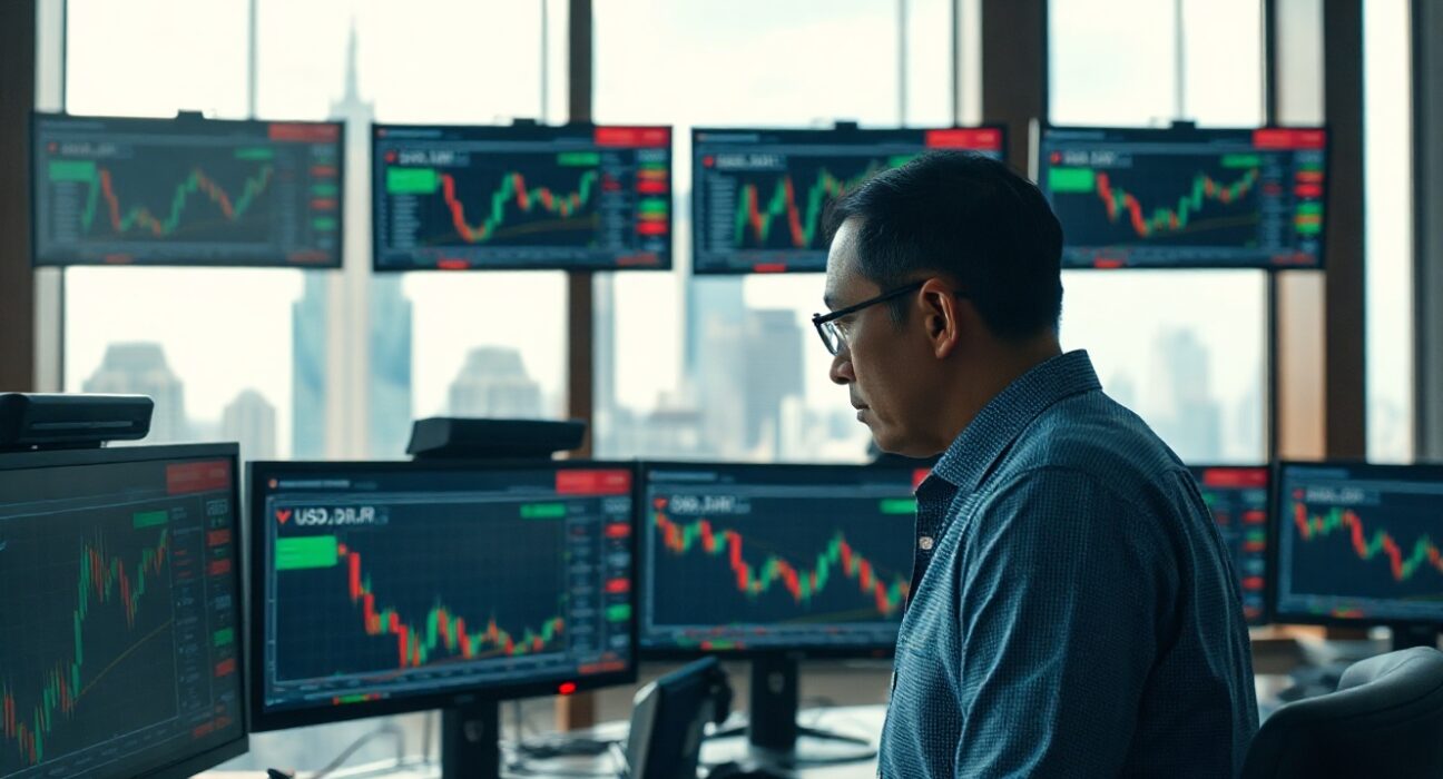 Financial analyst monitoring USD/IDR exchange rate charts in a Jakarta trading room.