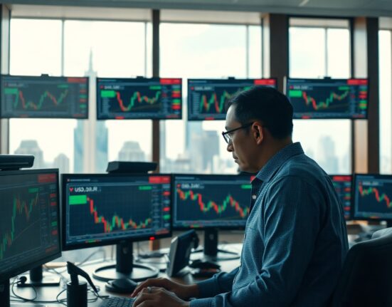 Financial analyst monitoring USD/IDR exchange rate charts in a Jakarta trading room.