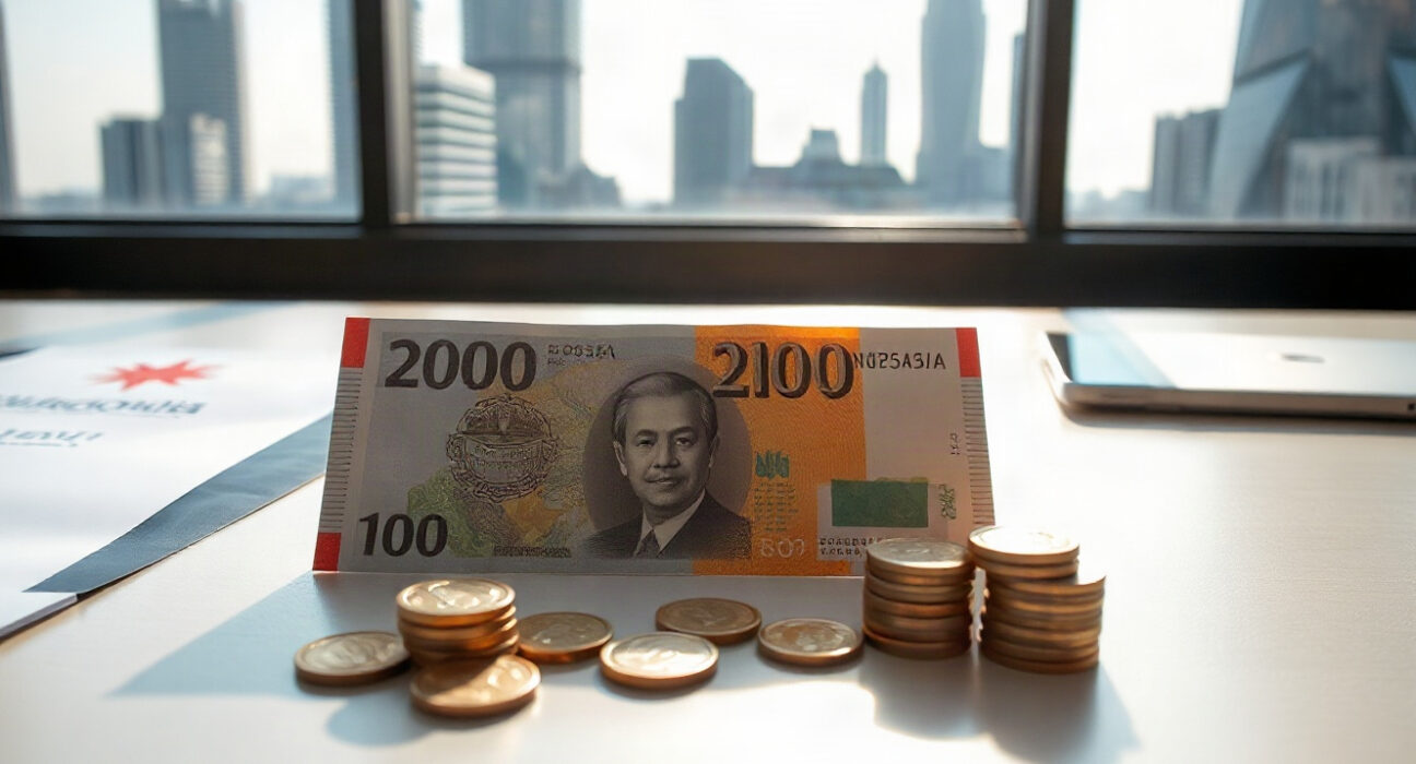 Indonesian Rupiah banknotes and coins on a desk with financial district in background