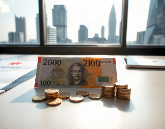 Indonesian Rupiah banknotes and coins on a desk with financial district in background