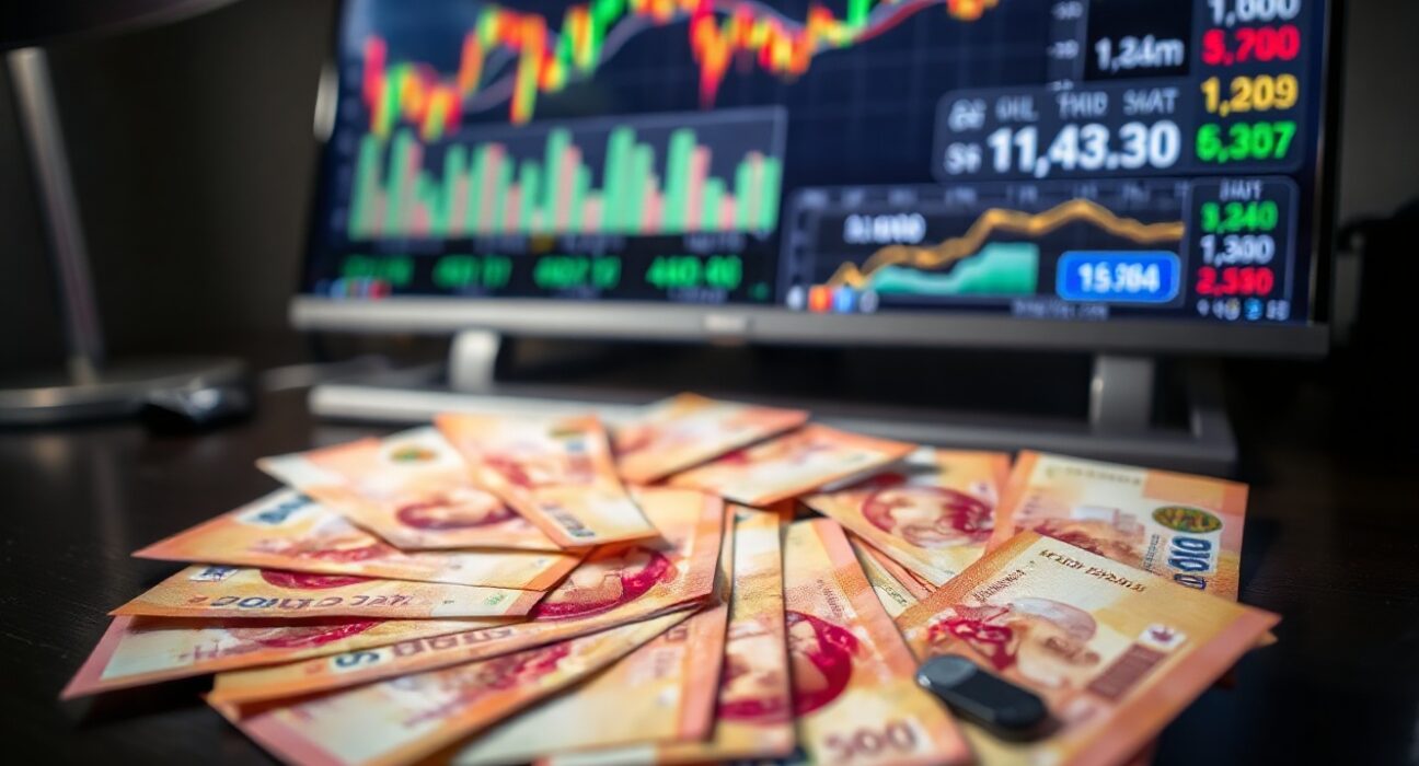 Indonesian rupiah banknotes on a desk with a financial chart and oil price monitor in the background