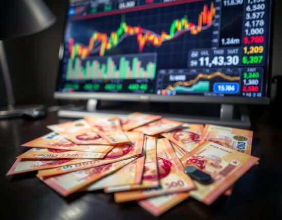 Indonesian rupiah banknotes on a desk with a financial chart and oil price monitor in the background