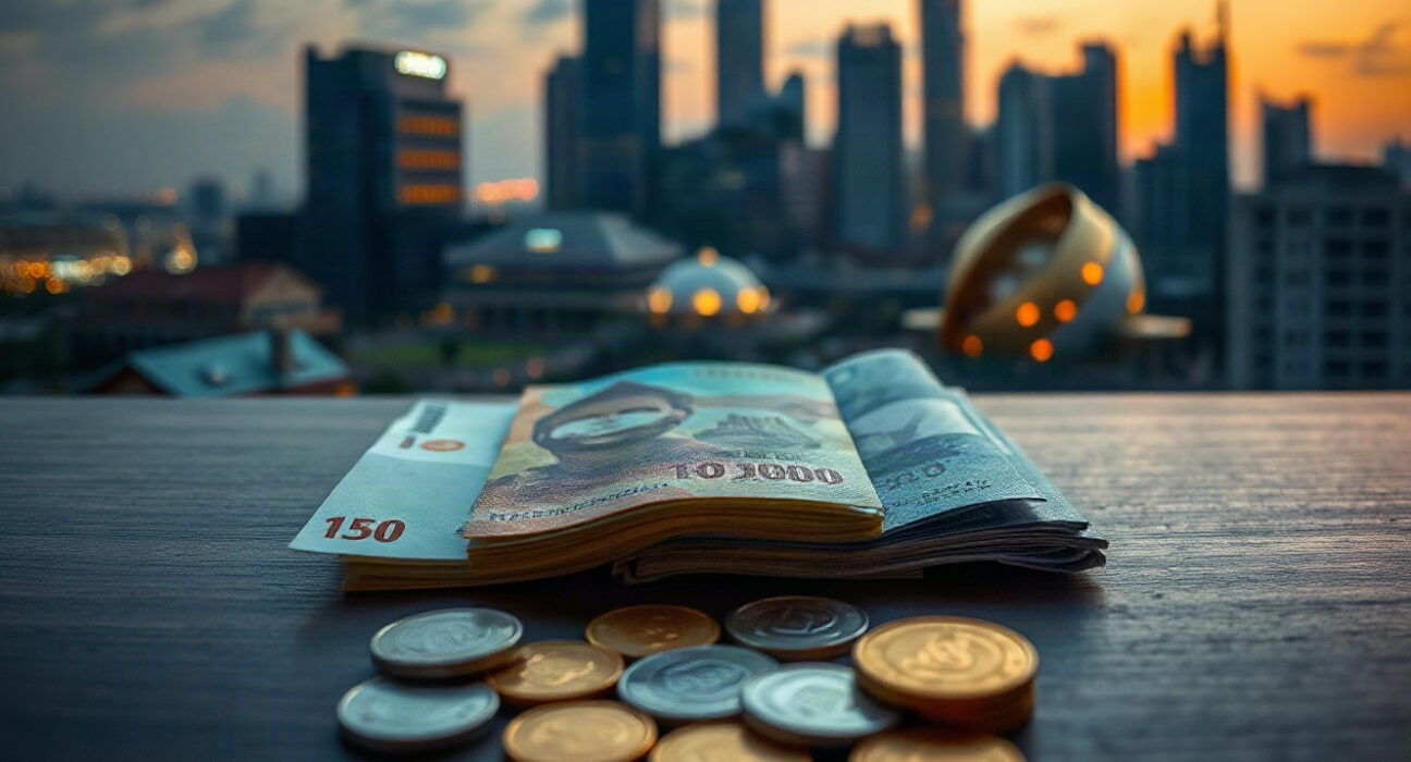 Indonesian rupiah banknotes and coins arranged on a desk with a city skyline in the background