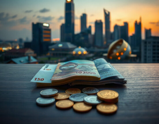 Indonesian rupiah banknotes and coins arranged on a desk with a city skyline in the background