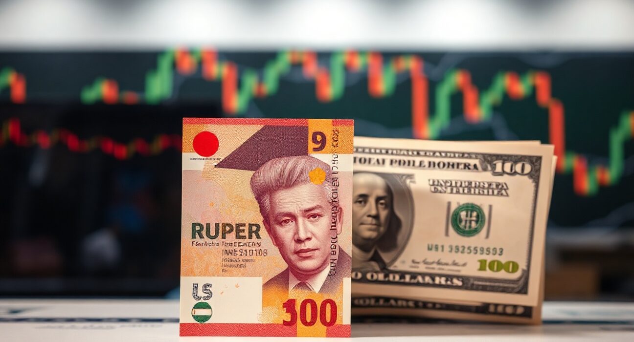 Indonesian rupiah and US dollar banknotes on a newsroom desk, symbolizing exchange rate pressures.