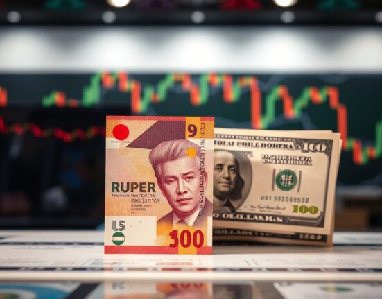 Indonesian rupiah and US dollar banknotes on a newsroom desk, symbolizing exchange rate pressures.