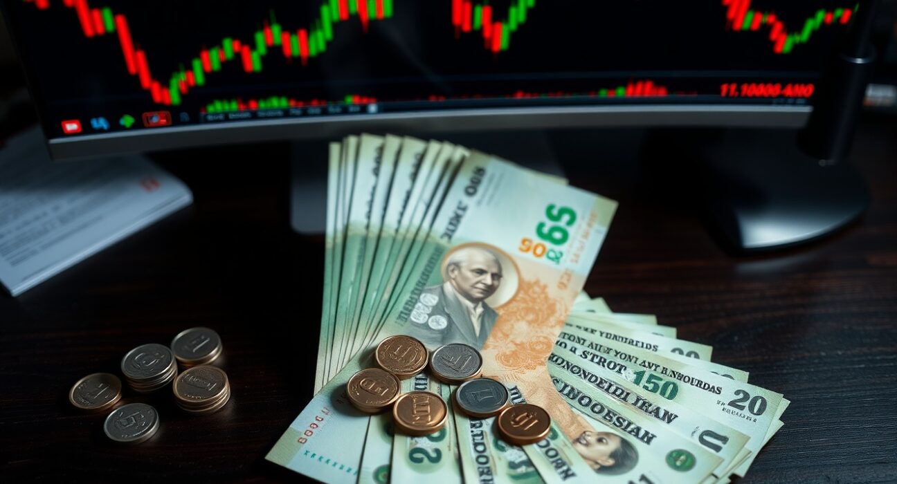 Indonesian rupiah banknotes and coins on a desk with stock chart background