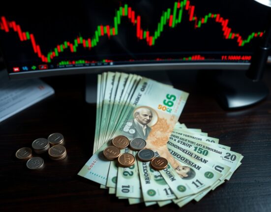 Indonesian rupiah banknotes and coins on a desk with stock chart background