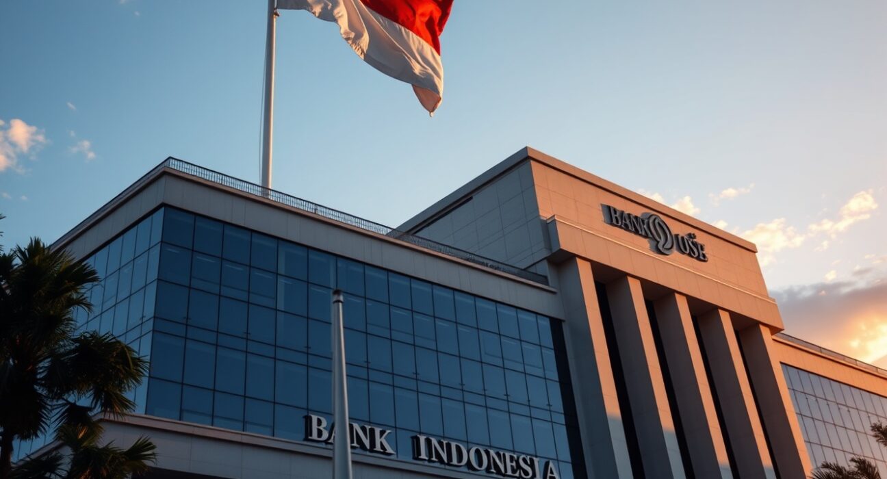 Bank Indonesia headquarters in Jakarta under a clear sky, representing monetary policy and currency stability.