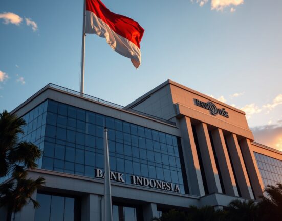 Bank Indonesia headquarters in Jakarta under a clear sky, representing monetary policy and currency stability.