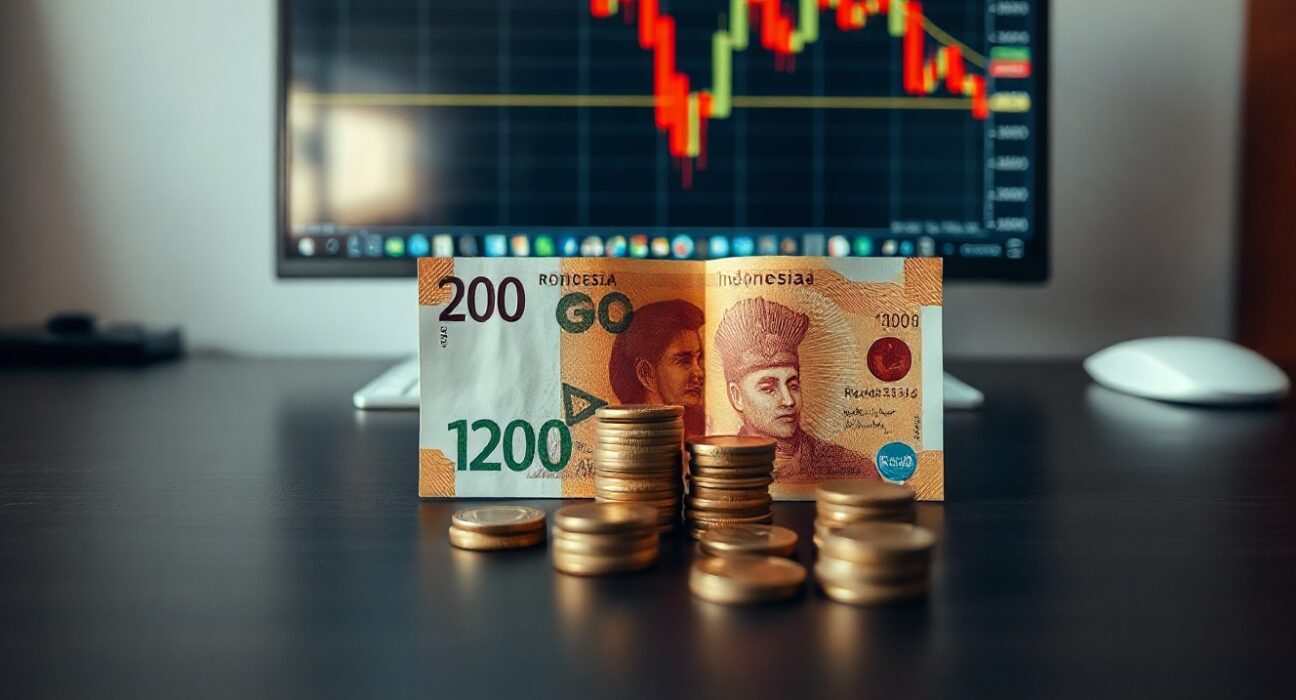 Indonesian rupiah banknotes and coins with a blurred forex chart showing decline in the background