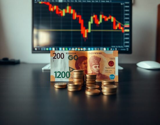 Indonesian rupiah banknotes and coins with a blurred forex chart showing decline in the background