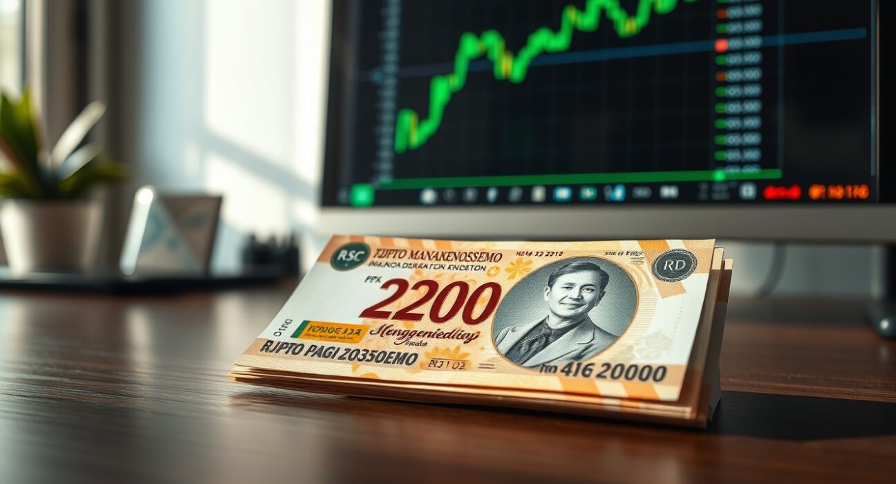 Close-up of Indonesian rupiah banknotes with a computer screen showing a positive chart in the background.