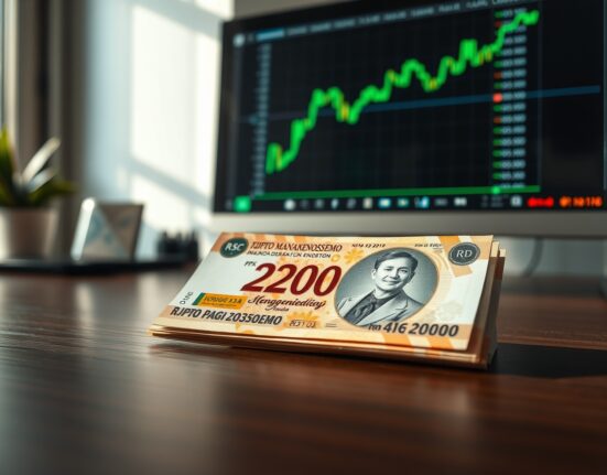 Close-up of Indonesian rupiah banknotes with a computer screen showing a positive chart in the background.