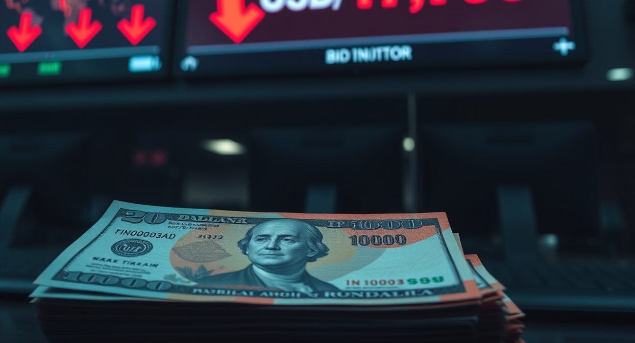 Stack of Indonesian rupiah and US dollar bills with a digital ticker showing USD/IDR at 17,700 in a dimly lit trading room