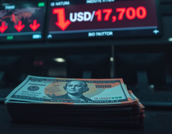Stack of Indonesian rupiah and US dollar bills with a digital ticker showing USD/IDR at 17,700 in a dimly lit trading room