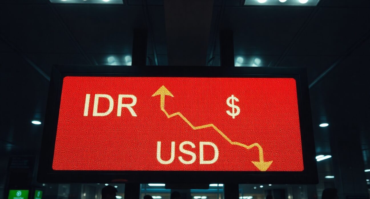 Digital exchange board showing Indonesian rupiah at record low against US dollar in Jakarta money changer