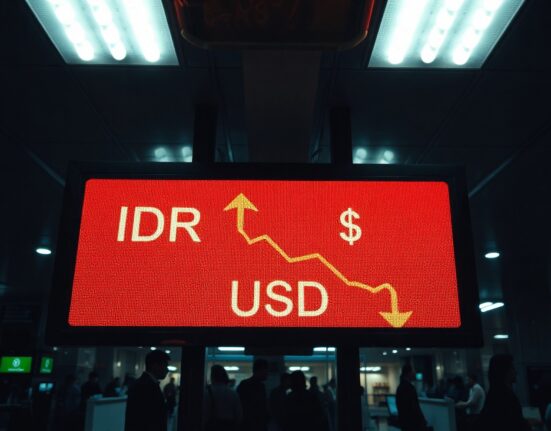 Digital exchange board showing Indonesian rupiah at record low against US dollar in Jakarta money changer