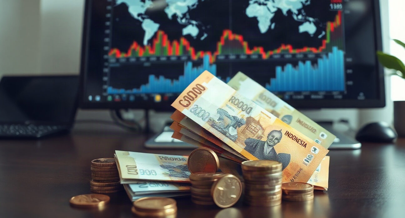 Indonesian rupiah banknotes and coins on a desk with financial charts in the background