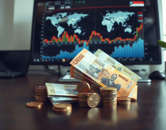 Indonesian rupiah banknotes and coins on a desk with financial charts in the background