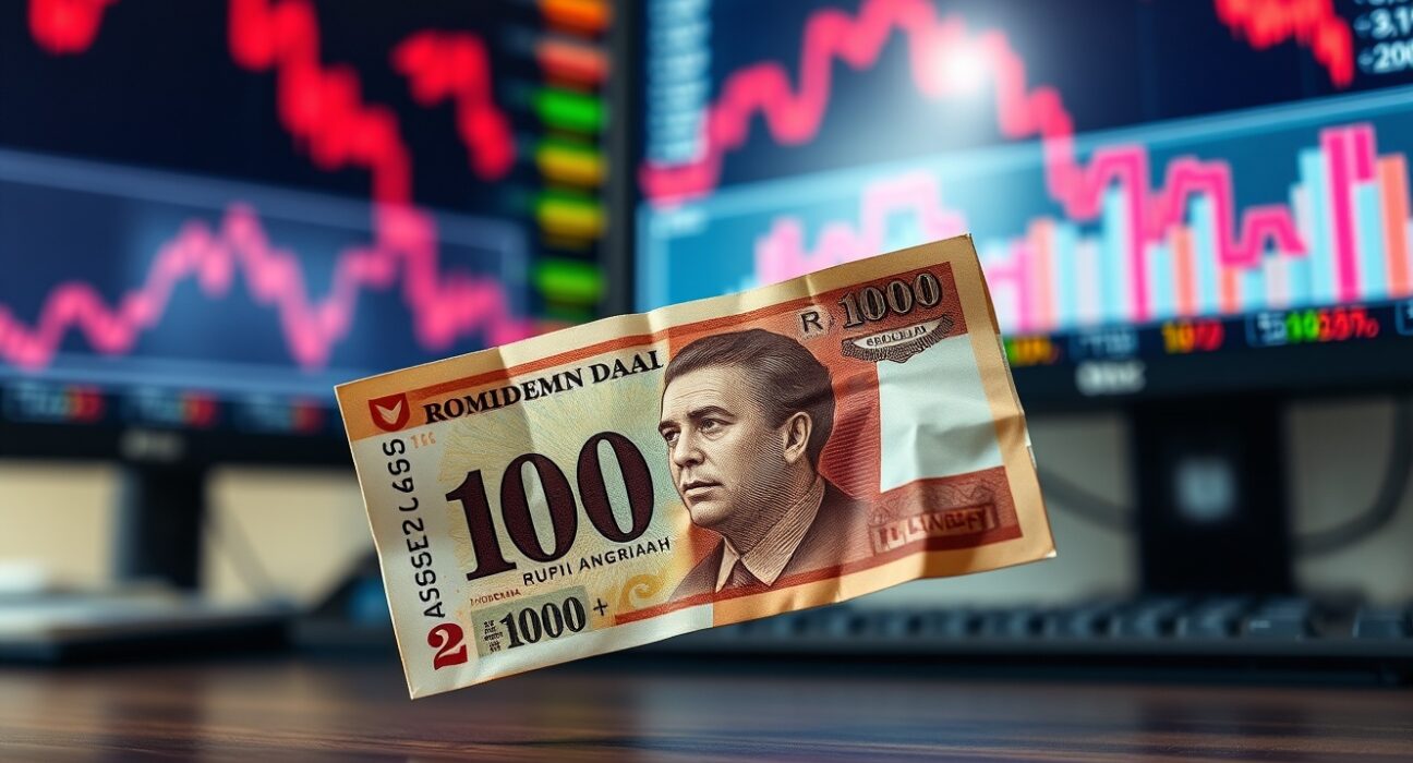 Indonesian Rupiah banknote against financial charts showing currency crisis and record low value.
