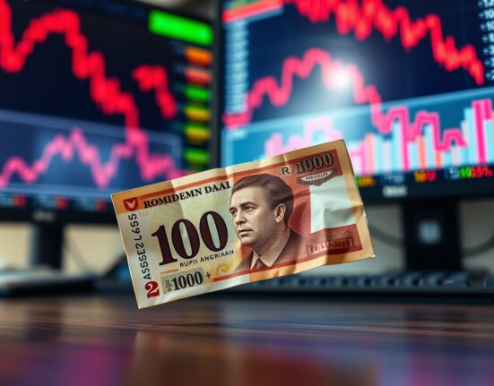 Indonesian Rupiah banknote against financial charts showing currency crisis and record low value.