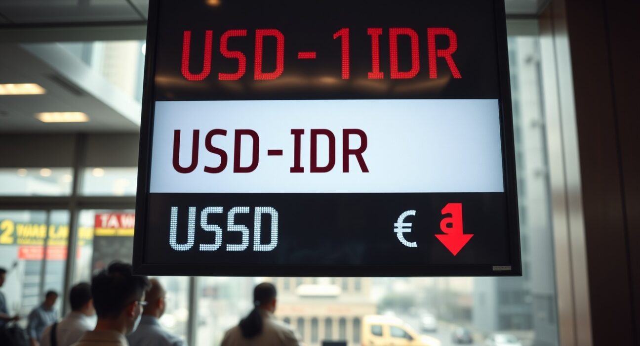Currency exchange board in Jakarta showing USD/IDR rate at record low with red downward arrow