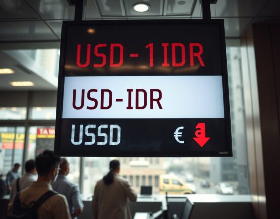 Currency exchange board in Jakarta showing USD/IDR rate at record low with red downward arrow